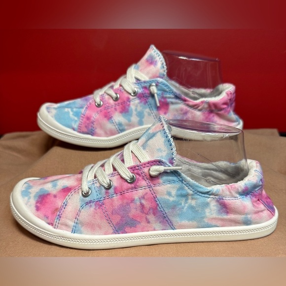 SO Slip On Canvas Sneakers Pink Blue White Tie Dye Women’s Size 9.5 - Picture 2 of 10